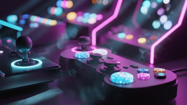 neon lit gaming controllers with colorful buttons and joysticks