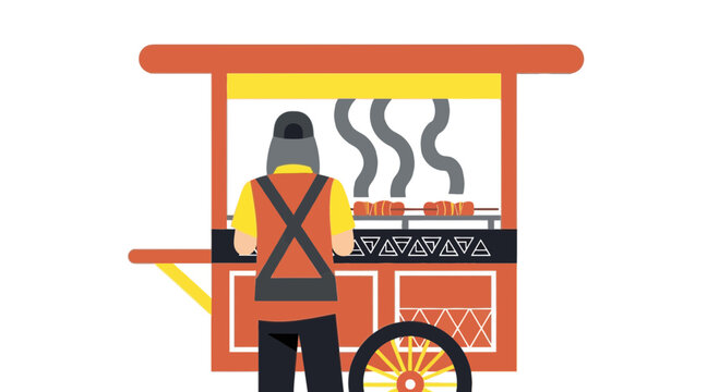 Traditional Sate Vendor with Food Cart, Flat Vector Illustration of Indonesian Street Food Culinary with Male Character.
