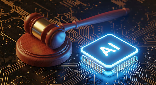 artificial intelligence law justice and technology regulation concept glowing ai chip and wooden gavel on a circuit board.