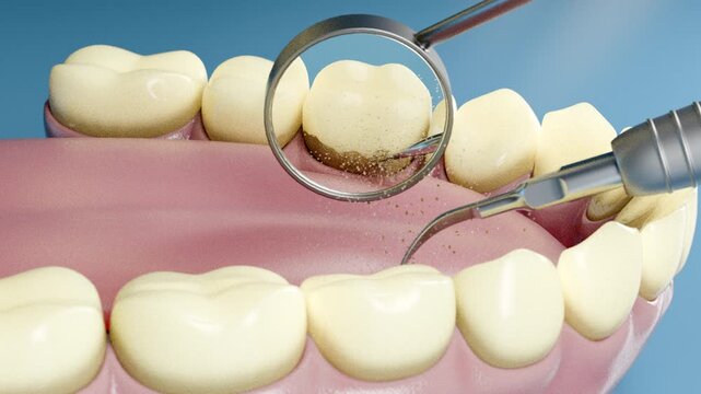 3D dental animation showing plaque removal using dental tools and mirror. The scaler cleans tooth surfaces along the gumline. Dentistry cleaning procedure visualized in a realistic medical CGI style.