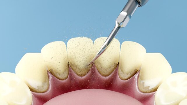 3D dental animation showing a dental scaler removing plaque between teeth. Close-up of the tool cleaning along the gumline and tooth surface. Dentistry cleaning concept presented medical CGI render.