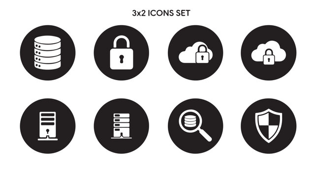Black and white set of 3x2 data security icons for technology concepts
