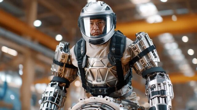 Future Soldier: A determined figure, clad in futuristic battle armor, is ready for action, inside industrial settings. Showcasing resilience and innovation.