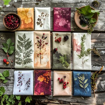 Eco-Printed Botanical Fabric Swatches with Natural Dyes and Wild Berries on Rustic Wood.
