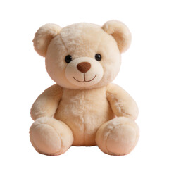 Obraz premium Cute plush teddy bear with soft cream-colored fur smiles on pink background.