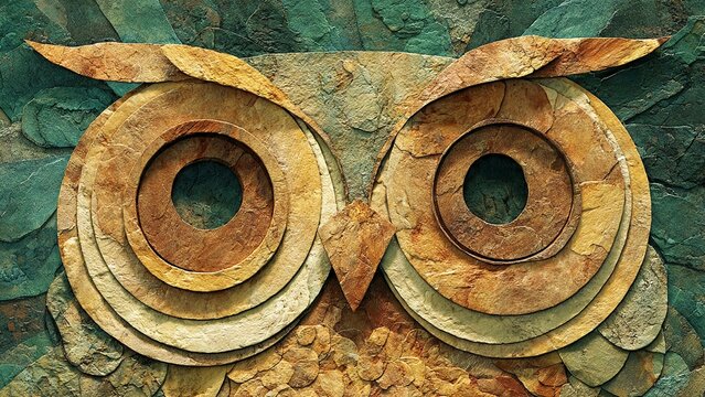 A close-up of an owl's face made from layered stone tiles on a textured green background