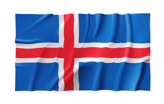 Realistic Iseland country flag isolated on a transparent background. Silk atlas detailed fabric flag. Vector PNG