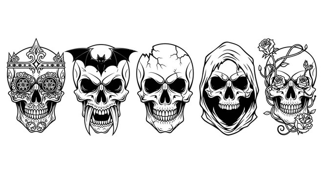Collection of decorative skull illustrations.
