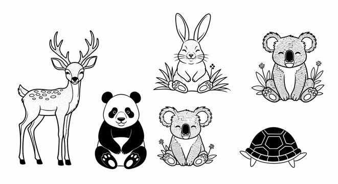 Collection of cute animal line drawings.