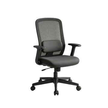 Black mesh ergonomic office chair with adjustable arms and lumbar support stands on five casters against white background.