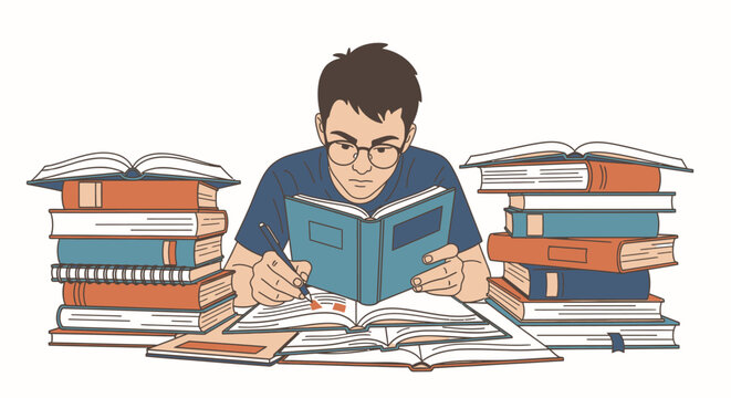 Man reading book with glasses on.