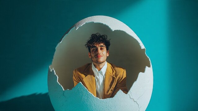 A young man emerges from a cracked eggshell in a creative and surreal portrait