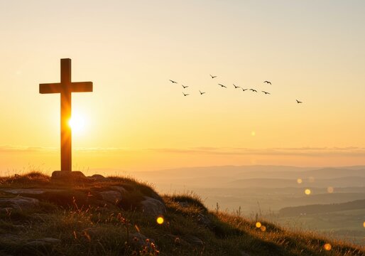 Silhouette cross on a hill at sunset with a flock of birds and copy space for an inspirational religious banner or Easter morning church service announcement