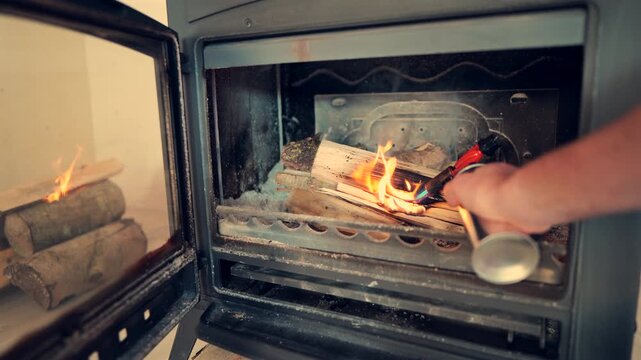 Lighting a wood-burning stove or fireplace using gas burner. Logs are placed inside the firebox and begin to ignite. Burning wood in fireplace. Person use gas burner to light fire in wood stove. Wood 