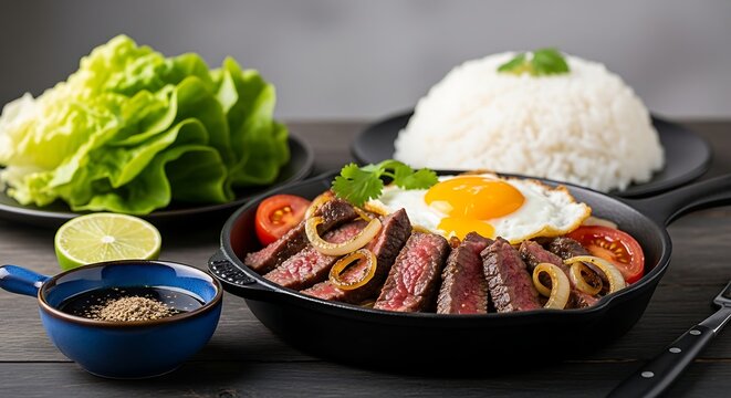 Lok Lak, traditional Cambodian beef, thin slices of grilled beef in black cast iron skillet, visible caramelized onions and fresh tomatoes, lime and Kampot black pepper sauce in small blue ceramic bow