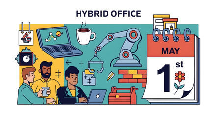Fototapeta premium Hybrid Office Workers With Robot And Calendar For Business Technology Concepts