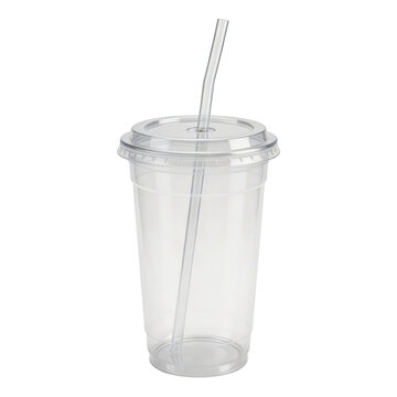 Transparent plastic to-go cup with clear dome lid and bent clear straw stands empty on white background