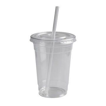 Clear plastic to-go cup features domed lid and straight straw for beverages