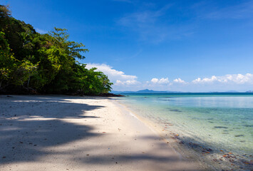Obraz premium Koh Kradan beach features pristine white sand and clear turquoise waters. Lush green trees line the shore, meeting the calm sea under a bright blue sky.