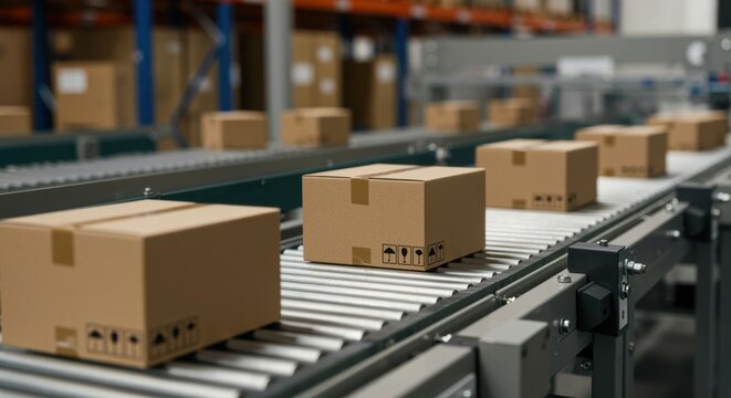cardboard boxes moving on conveyor belt in warehouse logistics process