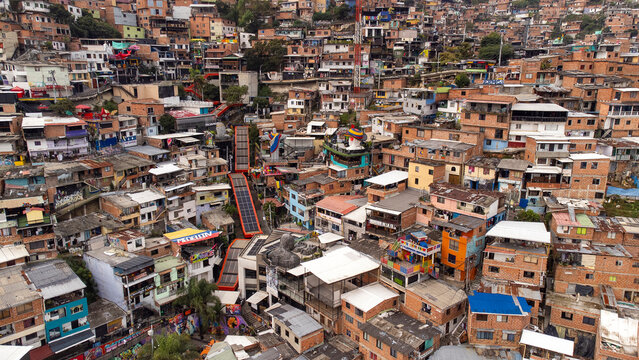 Medellin, Antioquia - Colombia. February 13, 2026. Aerial drone view of escalators in Comuna 13.