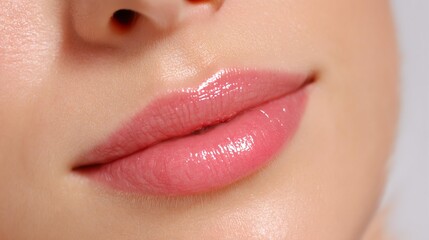 Naklejka premium Close-up of glossy, healthy lips.Moisturize your lips with a sparkling pink tone Glittery