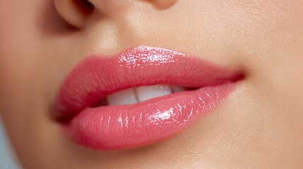 Fototapeta premium Close-up of beautiful, glossy pink lips.Moisturize your lips with a sparkling pink tone Glittery, glossy lips with a shimmering finish for beauty trends. 
