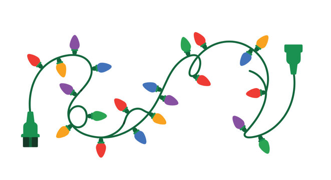 A colorful string of christmas lights with a green power cord