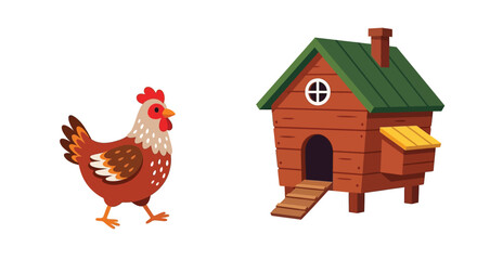 A colorful illustration of a red hen standing near a wooden coop © vectors home