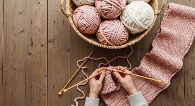 Woman hands knitting with yarn balls.