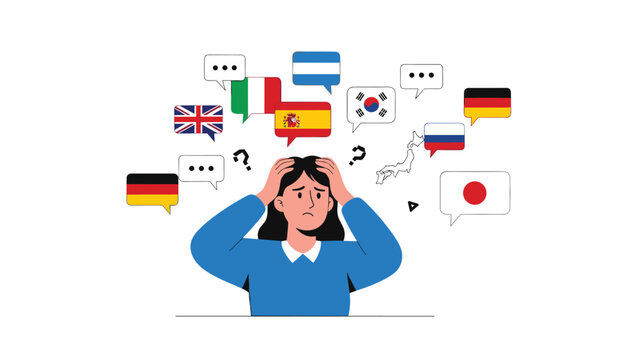 Overwhelmed woman experiencing language barrier with various national flags and speech bubbles representing confusion.