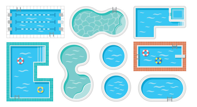 Aerial view of various swimming pool shapes and designs