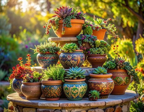 Vibrant Succulent Garden Display in Terracotta Pots Bathed in Golden Sunlight.