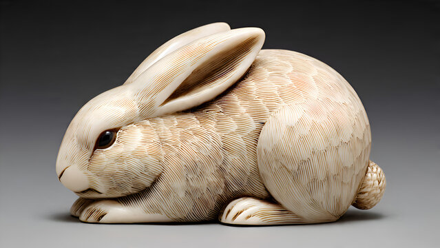 Exquisite ivory-colored rabbit figurine with intricate fur texture, elegant Japanese netsuke style hare sculpture isolated on a dark gradient background, sophisticated animal art for traditional decor