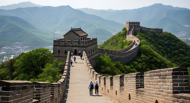 Ancient stone structure on hilltop with pathways and distant mountains