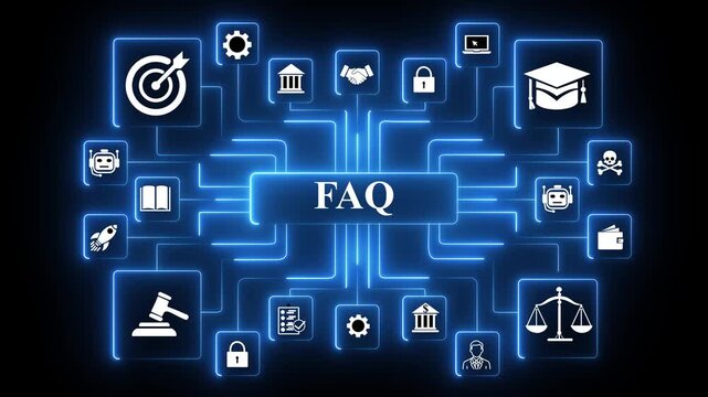 Centralized FAQ hub presenting quick answers, guided support and structured, black baground knowledge access connected information environment,4K TECHNOLOGY