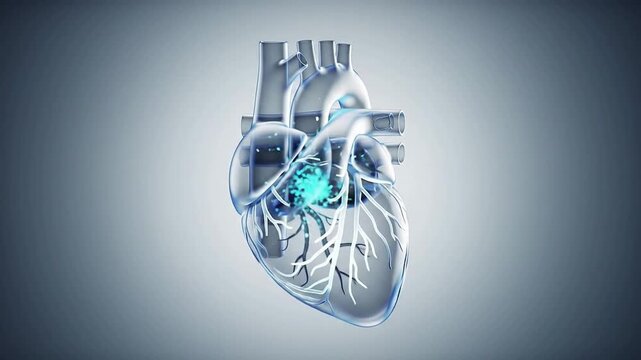 The human heart with video technology shows its internal structure and blue highlighted areas.