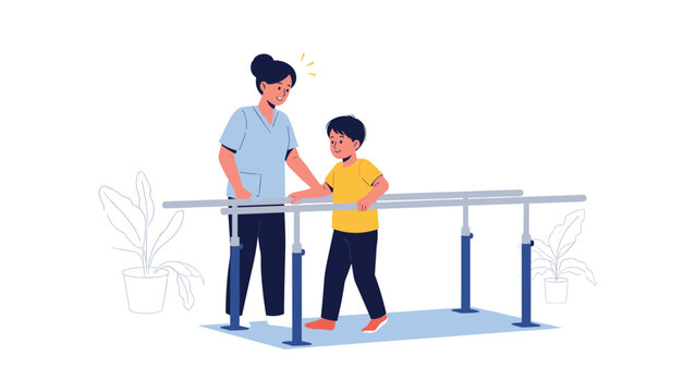 Female physical therapist helping young boy walk on parallel bars during rehabilitation session in bright clinic.