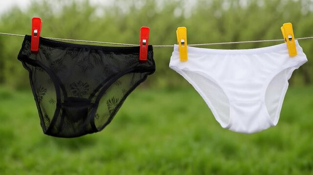 Two pairs of clean underwear hang on a clothesline outdoors in a garden setting