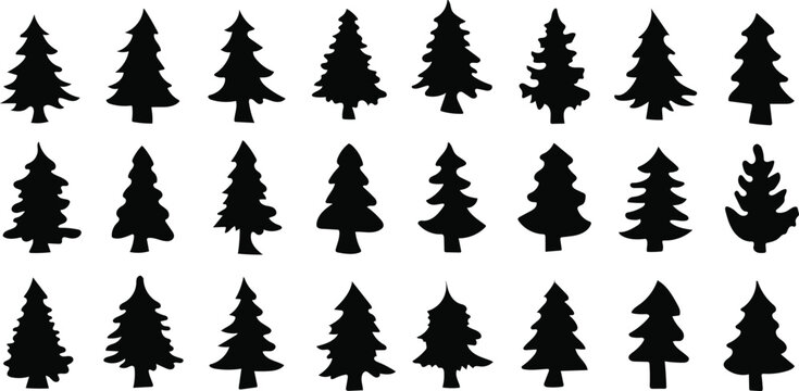 Large set of Black Pine Tree silhouettes isolated on white background, Vector illustration of various Christmas tree shapes and forest evergreens.