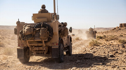 Military convoy traversing a barren desert landscape, kicking up dust under a clear sky, a powerful photograph. © Laura