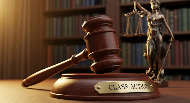 class action gavel on a wooden stand in a dimly lit law library with lady justice symbolizing legal proceedings and justice.