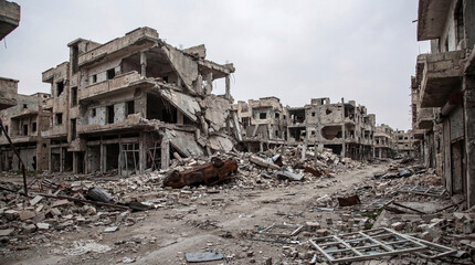Extensive urban destruction, with collapsed buildings, rubble, and a burnt-out vehicle. © Laura