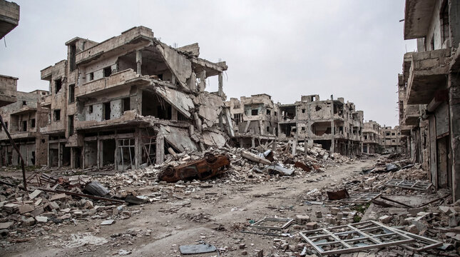 Extensive urban destruction, with collapsed buildings, rubble, and a burnt-out vehicle.