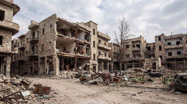 Street lined with completely devastated buildings, rubble, and destroyed cars after a conflict, a somber photograph.