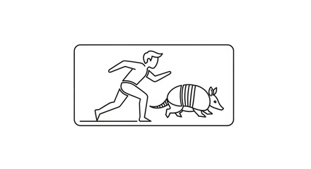 Fototapeta premium Man Chasing Armadillo - Line Art Illustration