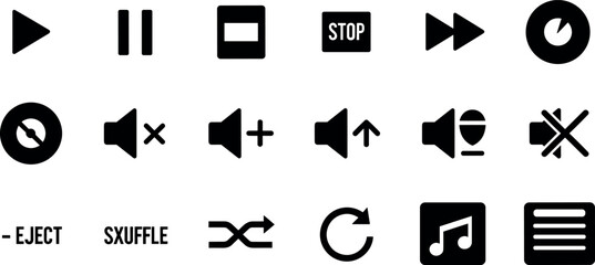 Media player control icon set featuring play pause stop volume shuffle repeat and audio interface symbols for multimedia applications © MDSOHAG