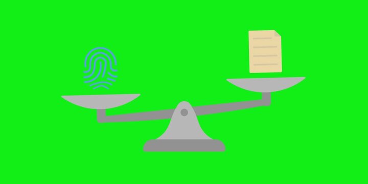 Voting scale balance. Fingerprint weight on left plate. Paper ballot stack on right plate. Election fairness and trust concept. Looping left to right scale movement animation.
