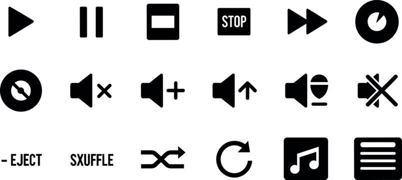 Media player control icon set featuring play pause stop volume shuffle repeat and audio interface symbols for multimedia applications