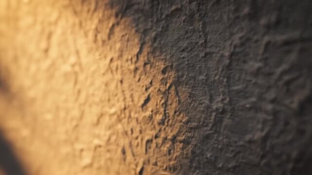 Close-up textured surface of rough natural stone with warm golden sunlight casting shadows